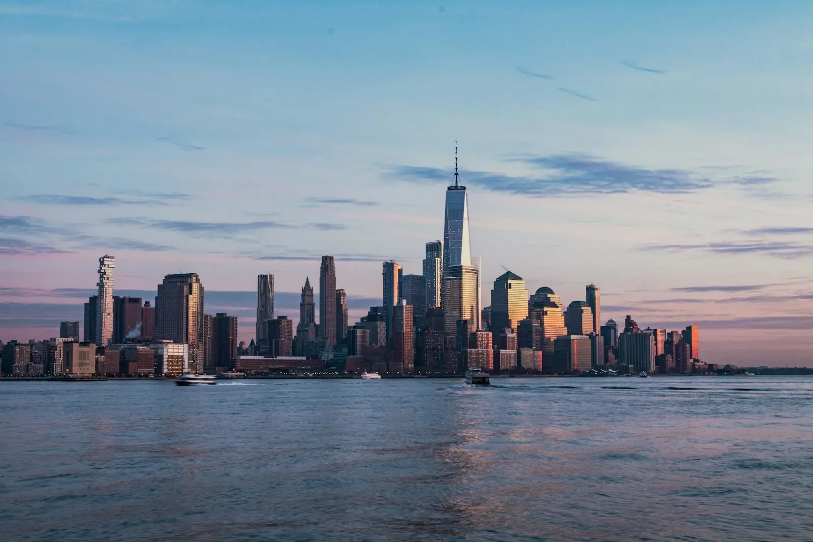 A city skyline at dusk